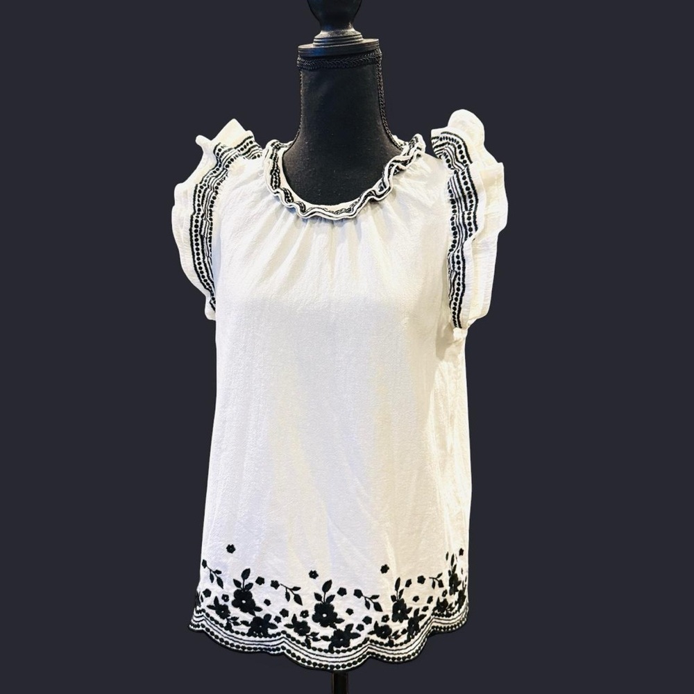 Savanna Jane White Ruffled Blouse with Black Embroidery - Picture 1 of 6